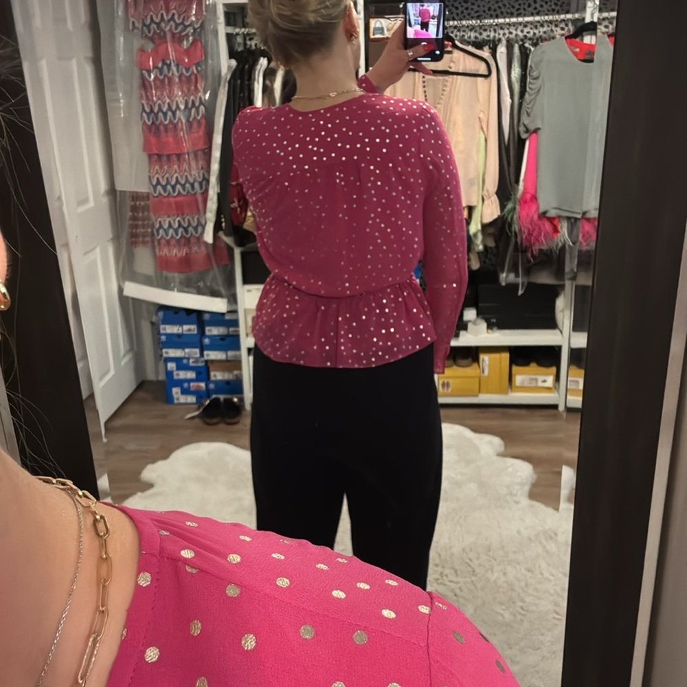 THE EAST ORDER Taylor Long Sleeve Tie Waist Bright Pink Metallic Dot Top - Picture 10 of 12